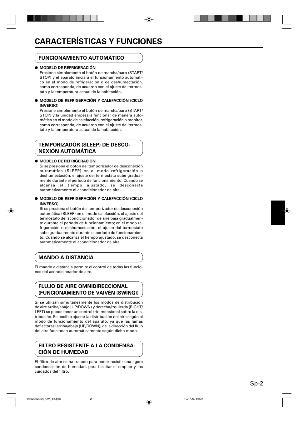 Características y funciones, Sp-2 | Friedrich AIR CONDITIONER CEILING SUSPENSION TYPE P/N9362292054 User Manual | Page 35 / 52