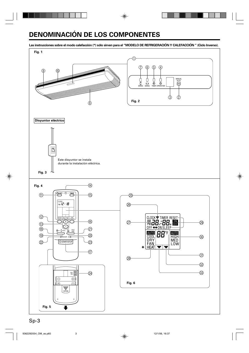 Denominación de los componentes, Sp-3 | Friedrich AIR CONDITIONER CEILING SUSPENSION TYPE P/N9362292054 User Manual | Page 36 / 52