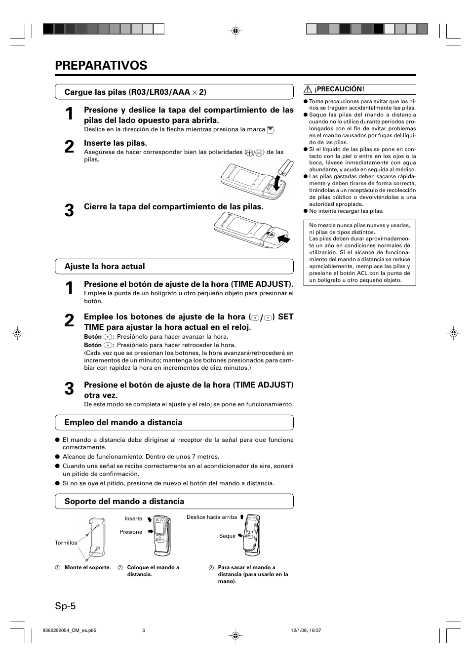 Preparativos, Sp-5 | Friedrich AIR CONDITIONER CEILING SUSPENSION TYPE P/N9362292054 User Manual | Page 38 / 52