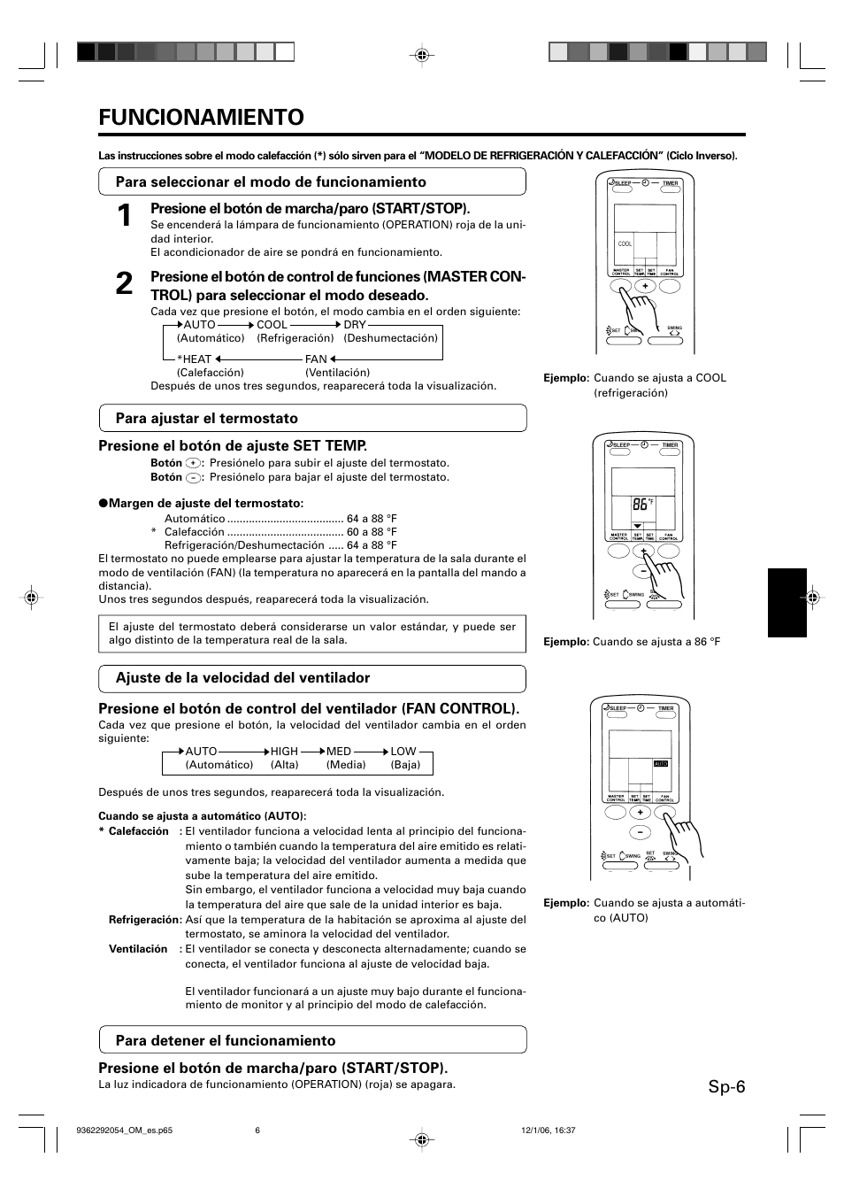 Funcionamiento, Sp-6 | Friedrich AIR CONDITIONER CEILING SUSPENSION TYPE P/N9362292054 User Manual | Page 39 / 52