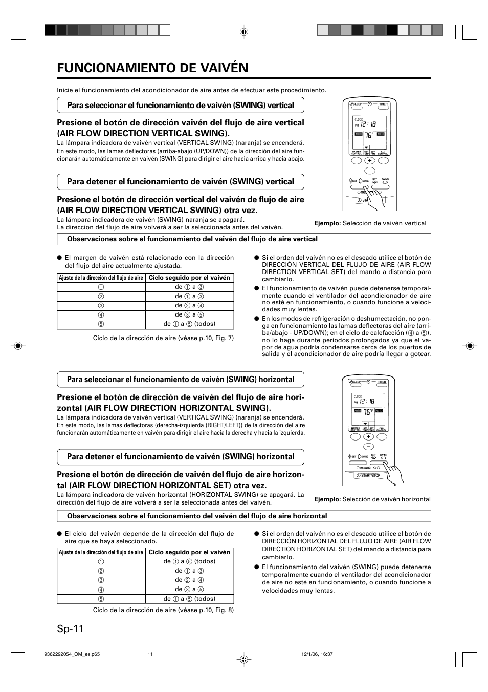 Funcionamiento de vaivén, Sp-11 | Friedrich AIR CONDITIONER CEILING SUSPENSION TYPE P/N9362292054 User Manual | Page 44 / 52