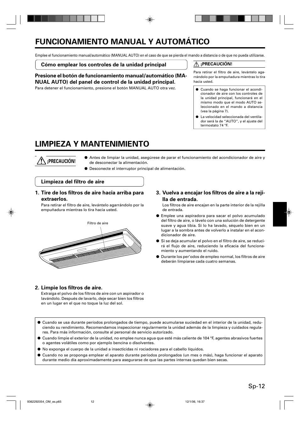 Funcionamiento manual y automático, Limpieza y mantenimiento, Sp-12 | Friedrich AIR CONDITIONER CEILING SUSPENSION TYPE P/N9362292054 User Manual | Page 45 / 52