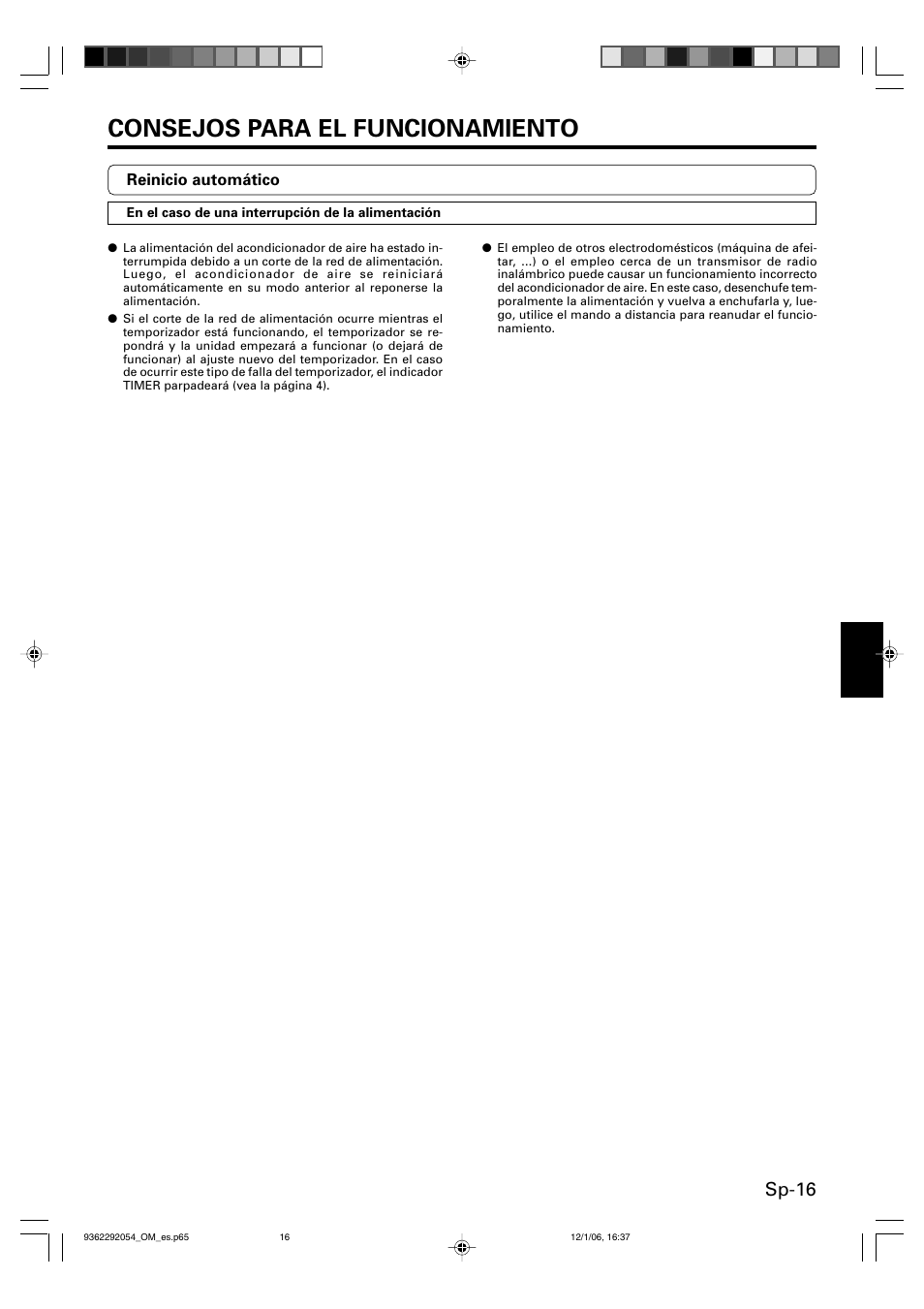 Consejos para el funcionamiento, Sp-16 | Friedrich AIR CONDITIONER CEILING SUSPENSION TYPE P/N9362292054 User Manual | Page 49 / 52