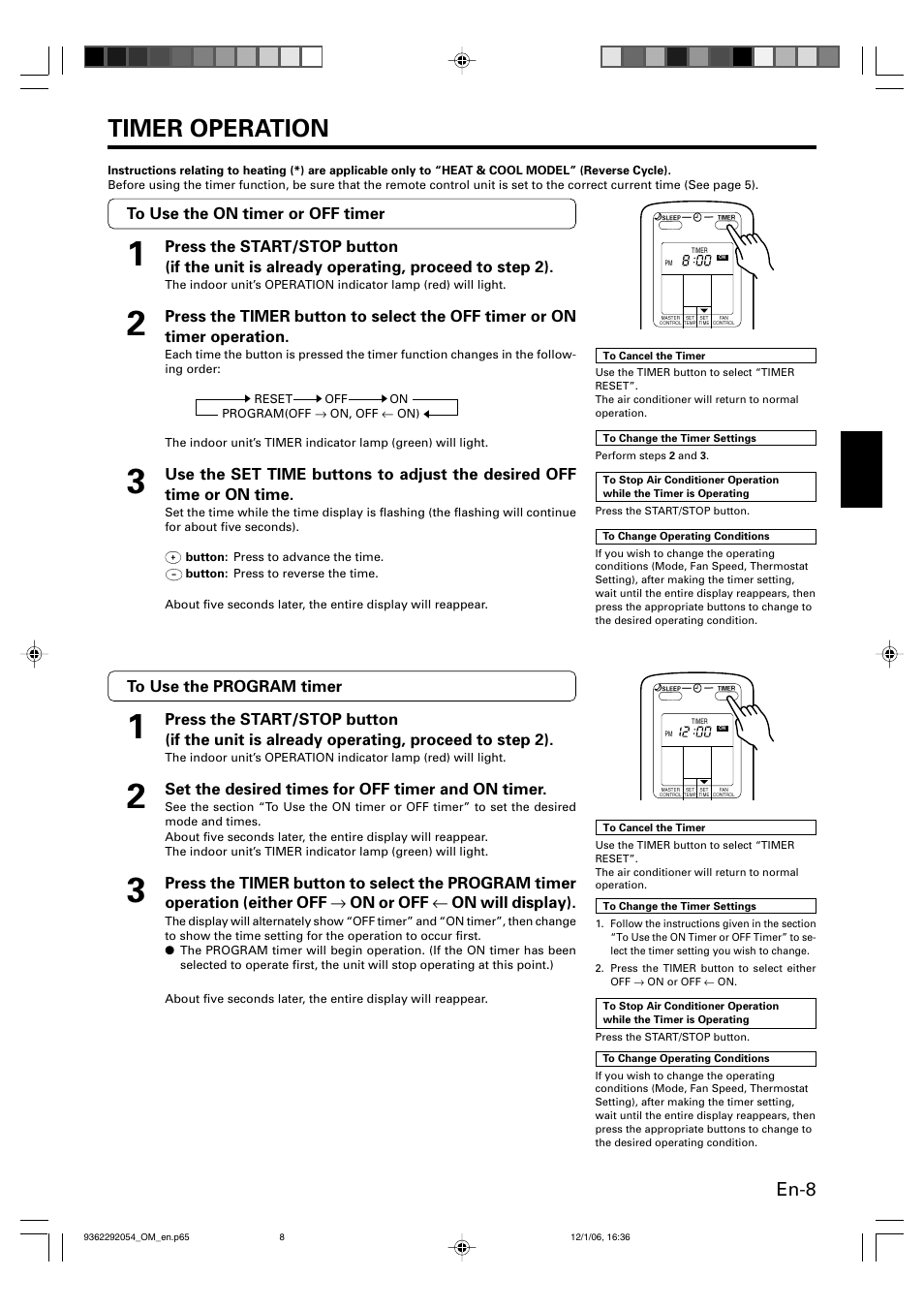 Timer operation, En-8 | Friedrich AIR CONDITIONER CEILING SUSPENSION TYPE P/N9362292054 User Manual | Page 9 / 52