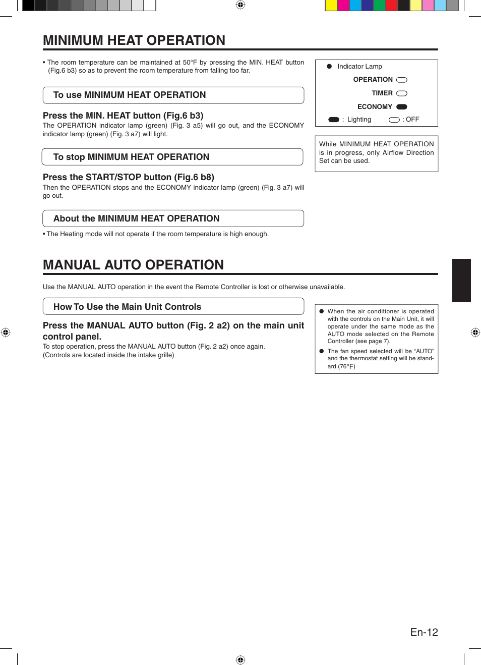 Minimum heat operation, Manual auto operation, En-12 | Friedrich 9315345288 User Manual | Page 13 / 52