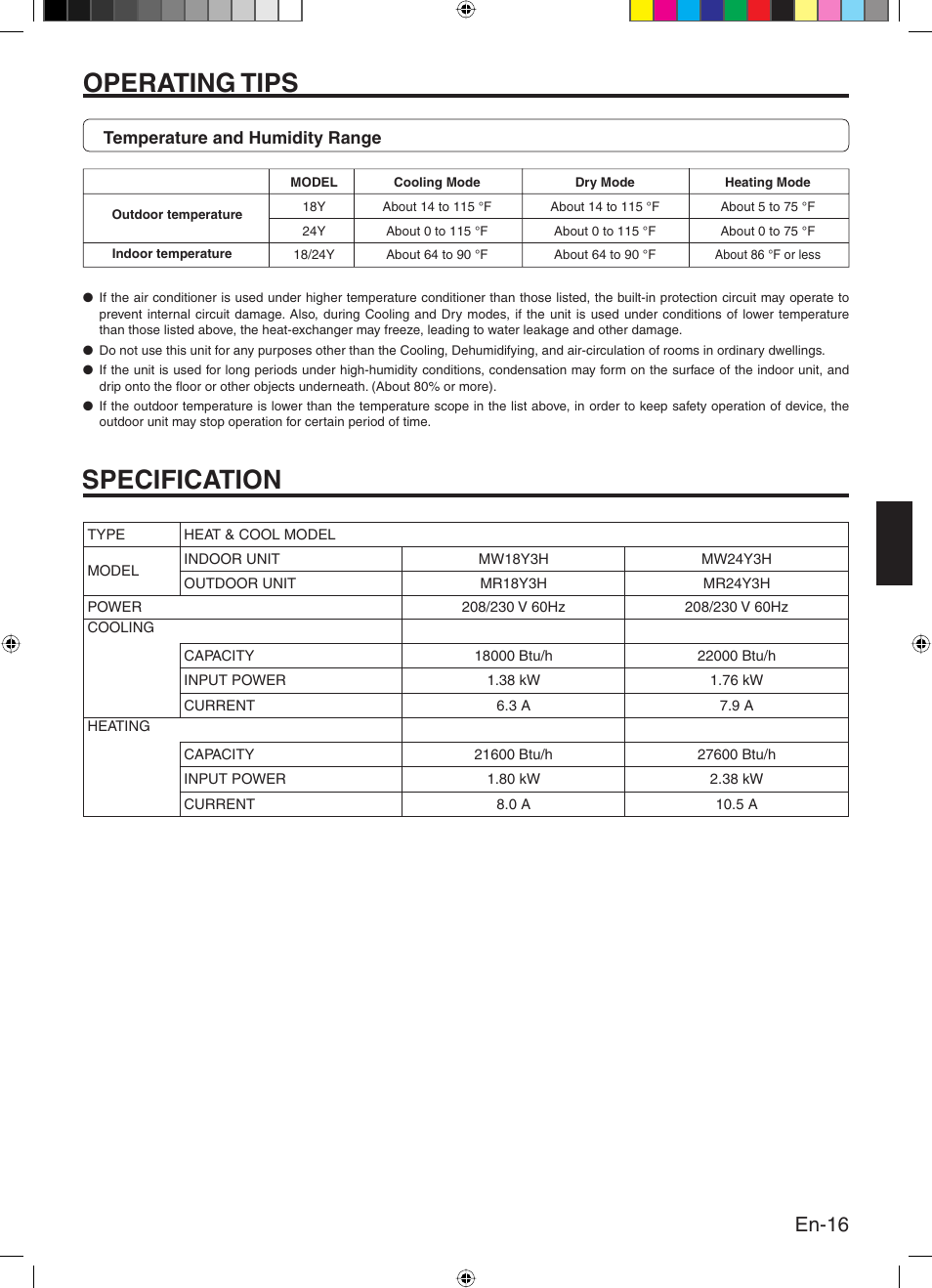 Operating tips, Specification, En-16 | Friedrich 9315345288 User Manual | Page 17 / 52