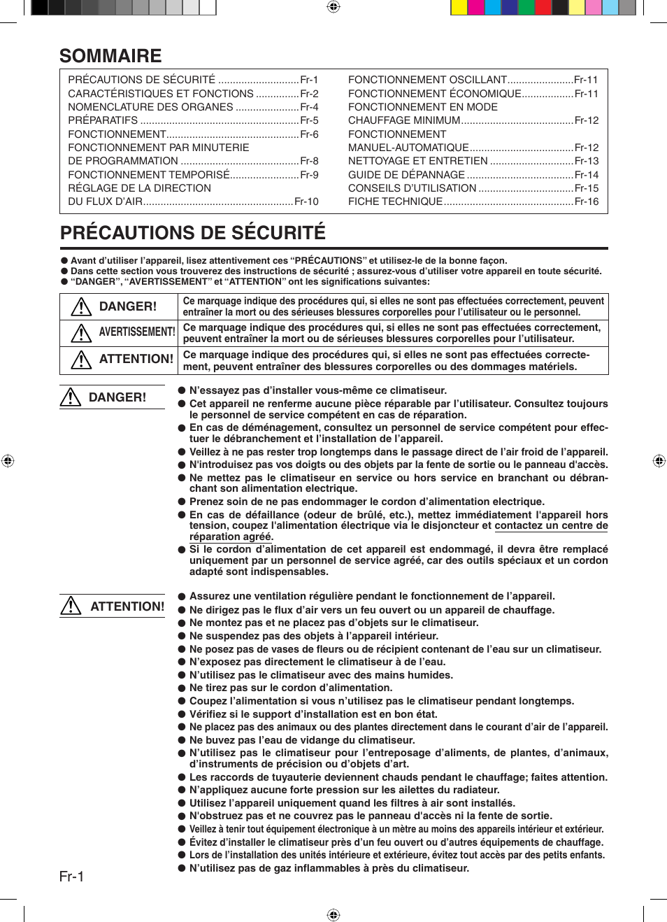 Sommaire, Précautions de sécurité, Fr-1 | Friedrich 9315345288 User Manual | Page 18 / 52