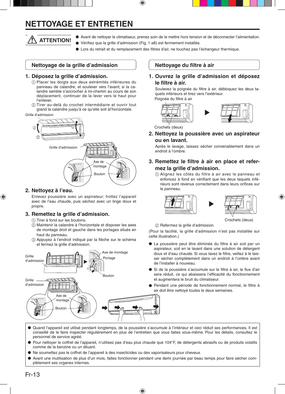 Nettoyage et entretien, Fr-13, Nettoyez à l’eau | Remettez la grille d’admission | Friedrich 9315345288 User Manual | Page 30 / 52