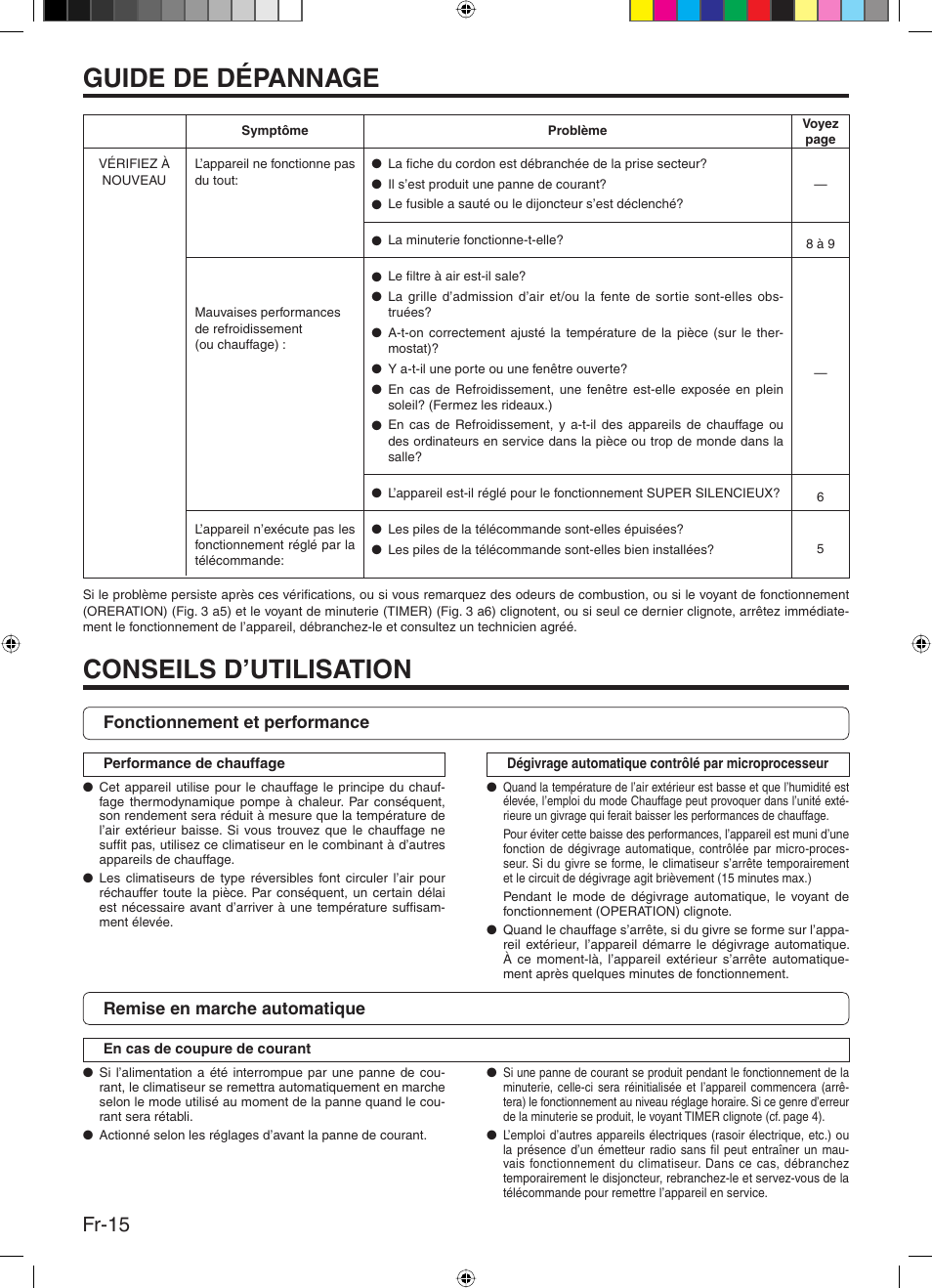 Guide de dépannage, Conseils d’utilisation, Fr-15 | Friedrich 9315345288 User Manual | Page 32 / 52