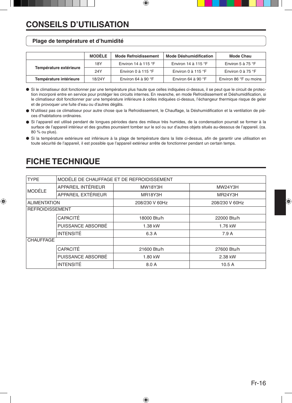 Conseils d’utilisation, Fiche technique, Fr-16 | Friedrich 9315345288 User Manual | Page 33 / 52