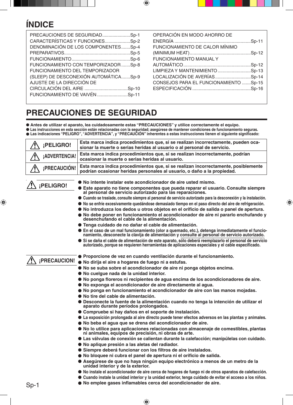 Índice, Precauciones de seguridad, Sp-1 | Friedrich 9315345288 User Manual | Page 34 / 52