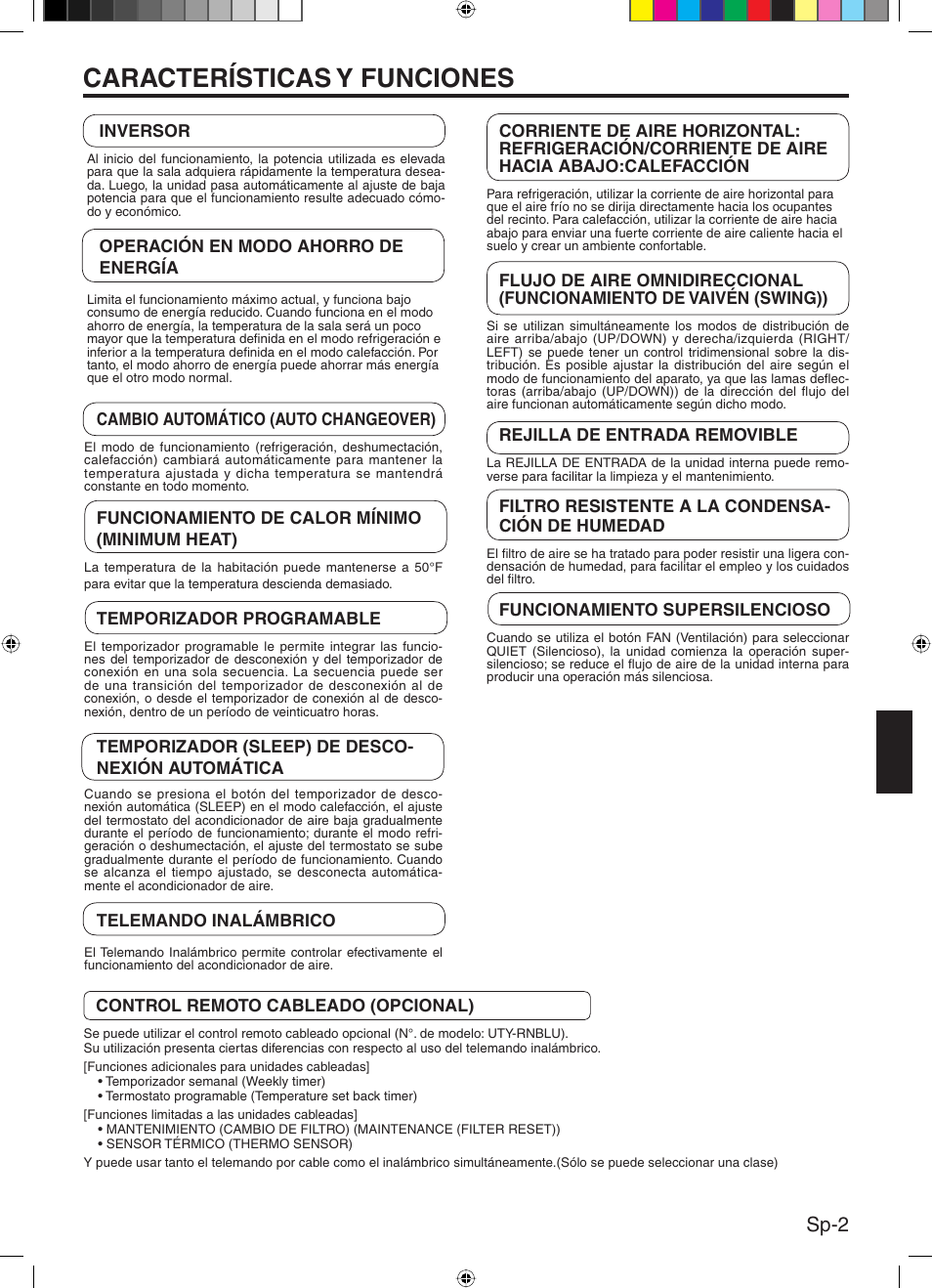 Características y funciones, Sp-2 | Friedrich 9315345288 User Manual | Page 35 / 52