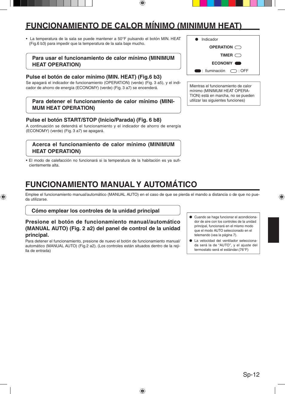 Funcionamiento manual y automático, Funcionamiento de calor mínimo (minimum heat), Sp-12 | Friedrich 9315345288 User Manual | Page 45 / 52