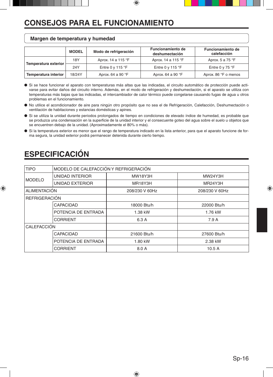 Consejos para el funcionamiento, Especificación, Sp-16 | Friedrich 9315345288 User Manual | Page 49 / 52