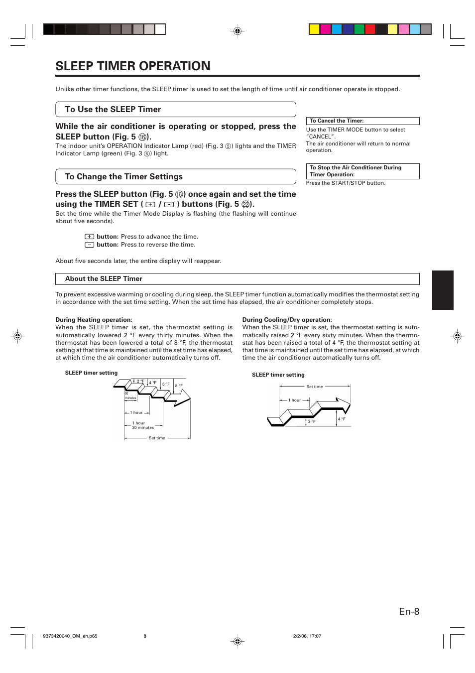 Sleep timer operation, En-8 | Friedrich MW12Y3FM User Manual | Page 11 / 19