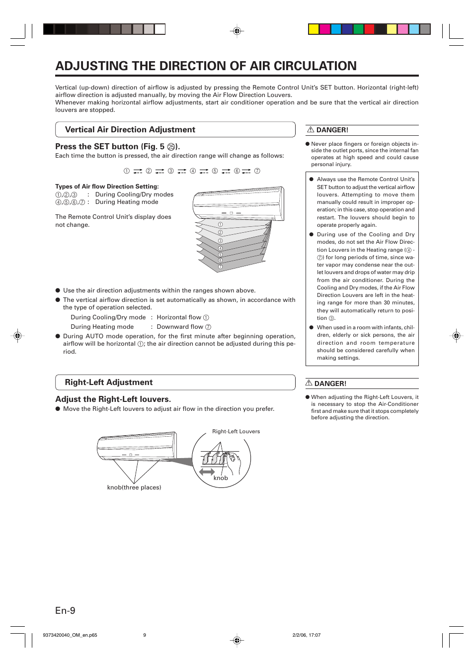 Adjusting the direction of air circulation, En-9 | Friedrich MW12Y3FM User Manual | Page 12 / 19