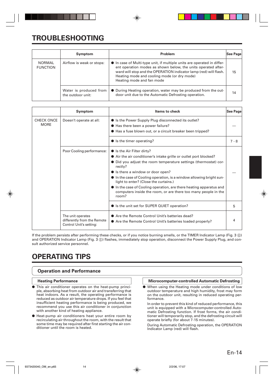 Troubleshooting, Operating tips, En-14 | Operation and performance | Friedrich MW12Y3FM User Manual | Page 17 / 19