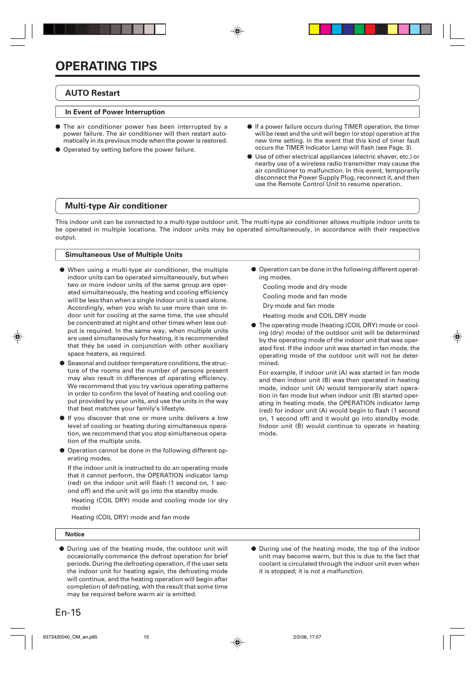 Operating tips, En-15, Auto restart | Multi-type air conditioner | Friedrich MW12Y3FM User Manual | Page 18 / 19