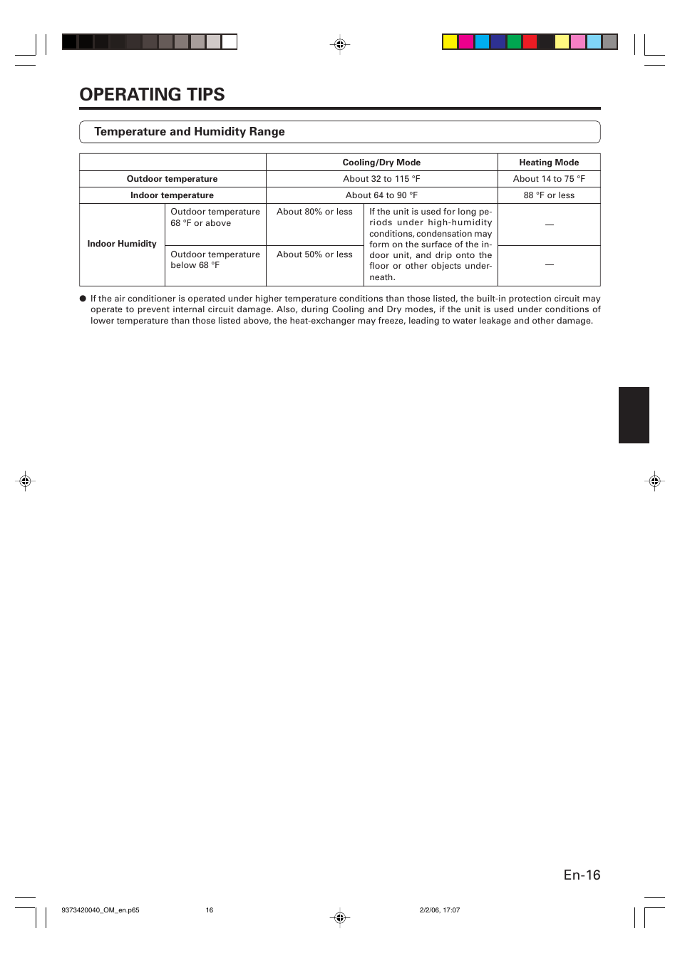 Operating tips, En-16 | Friedrich MW12Y3FM User Manual | Page 19 / 19