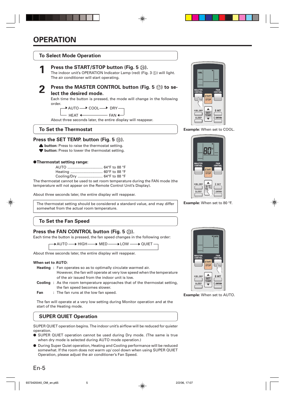 Operation, En-5 | Friedrich MW12Y3FM User Manual | Page 8 / 19