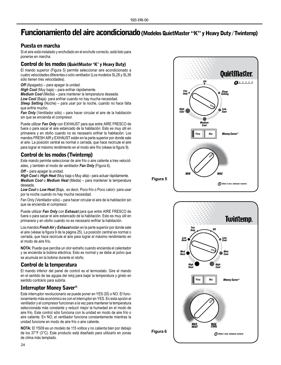 Funcionamiento del aire acondicionado, Modelos quietmaster “k” y heavy duty / twintemp), Puesta en marcha | Control de los modos, Control de los modos (twintemp), Control de la temperatura, Interruptor money saver | Friedrich KM24 User Manual | Page 24 / 56