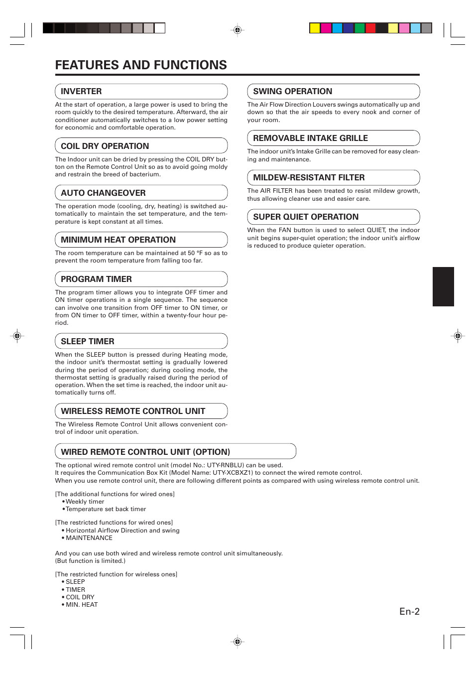 Features and functions, En-2 | Friedrich MW12Y3H User Manual | Page 3 / 18