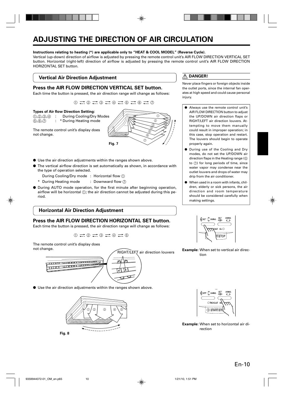 Adjusting the direction of air circulation, En-10 | Friedrich P/N9359944072-01 User Manual | Page 11 / 20