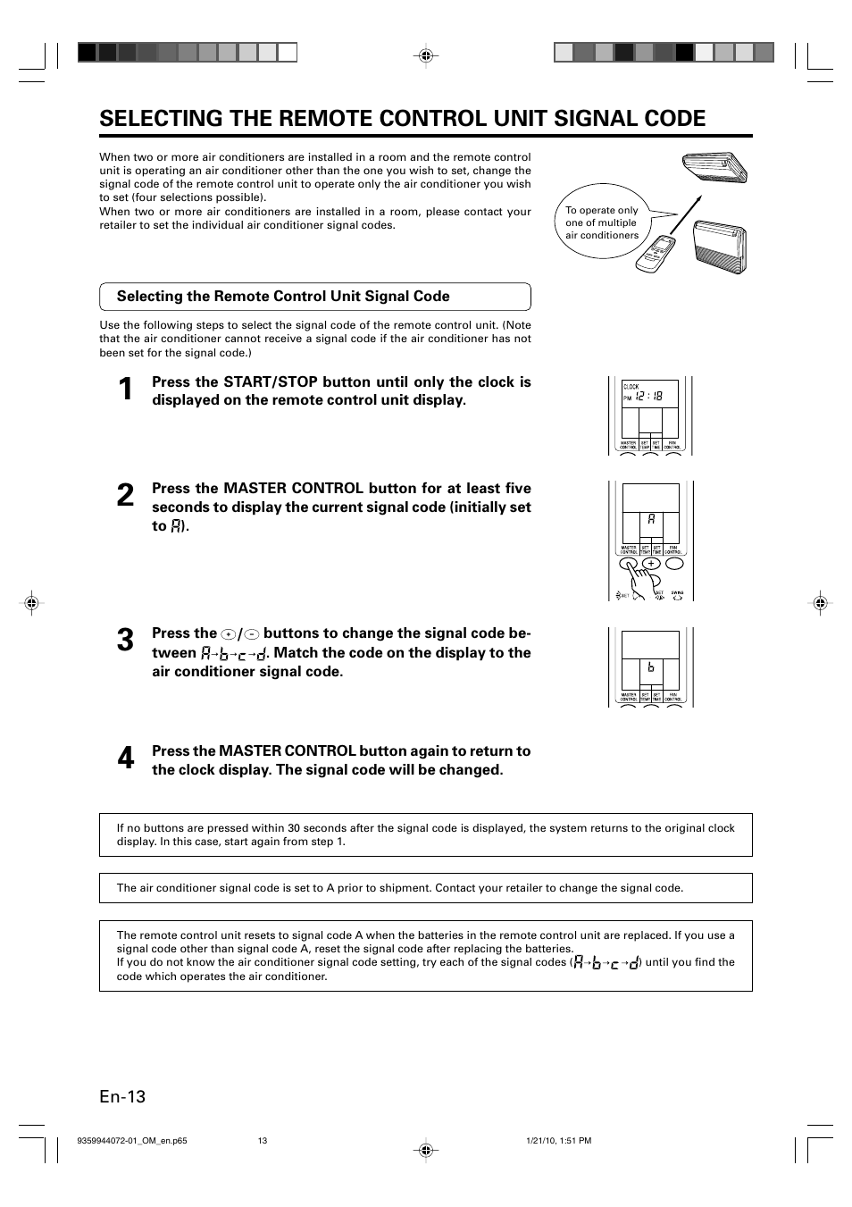 Selecting the remote control unit signal code | Friedrich P/N9359944072-01 User Manual | Page 14 / 20