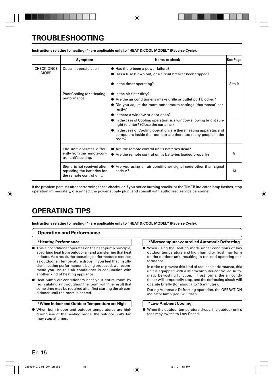 Troubleshooting, Operating tips, En-15 | Friedrich P/N9359944072-01 User Manual | Page 16 / 20