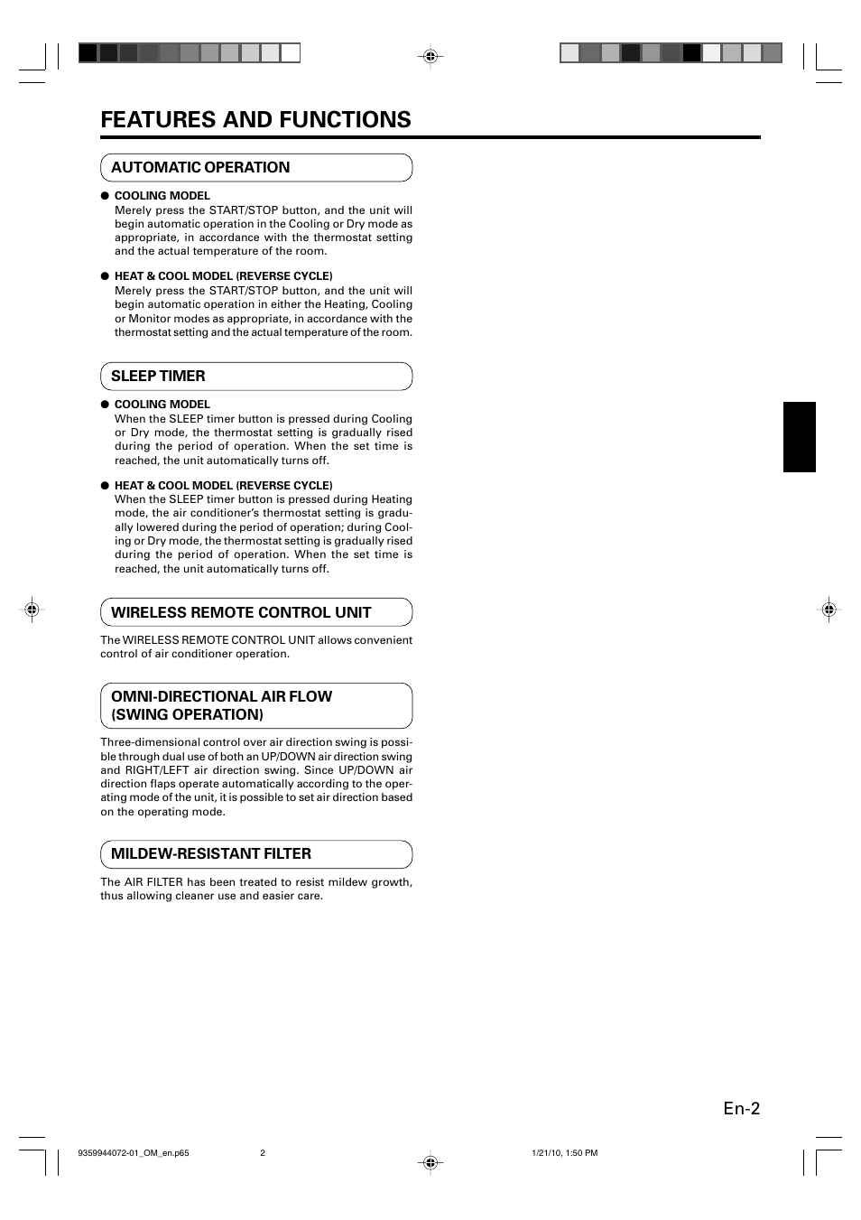 Features and functions, En-2 | Friedrich P/N9359944072-01 User Manual | Page 3 / 20