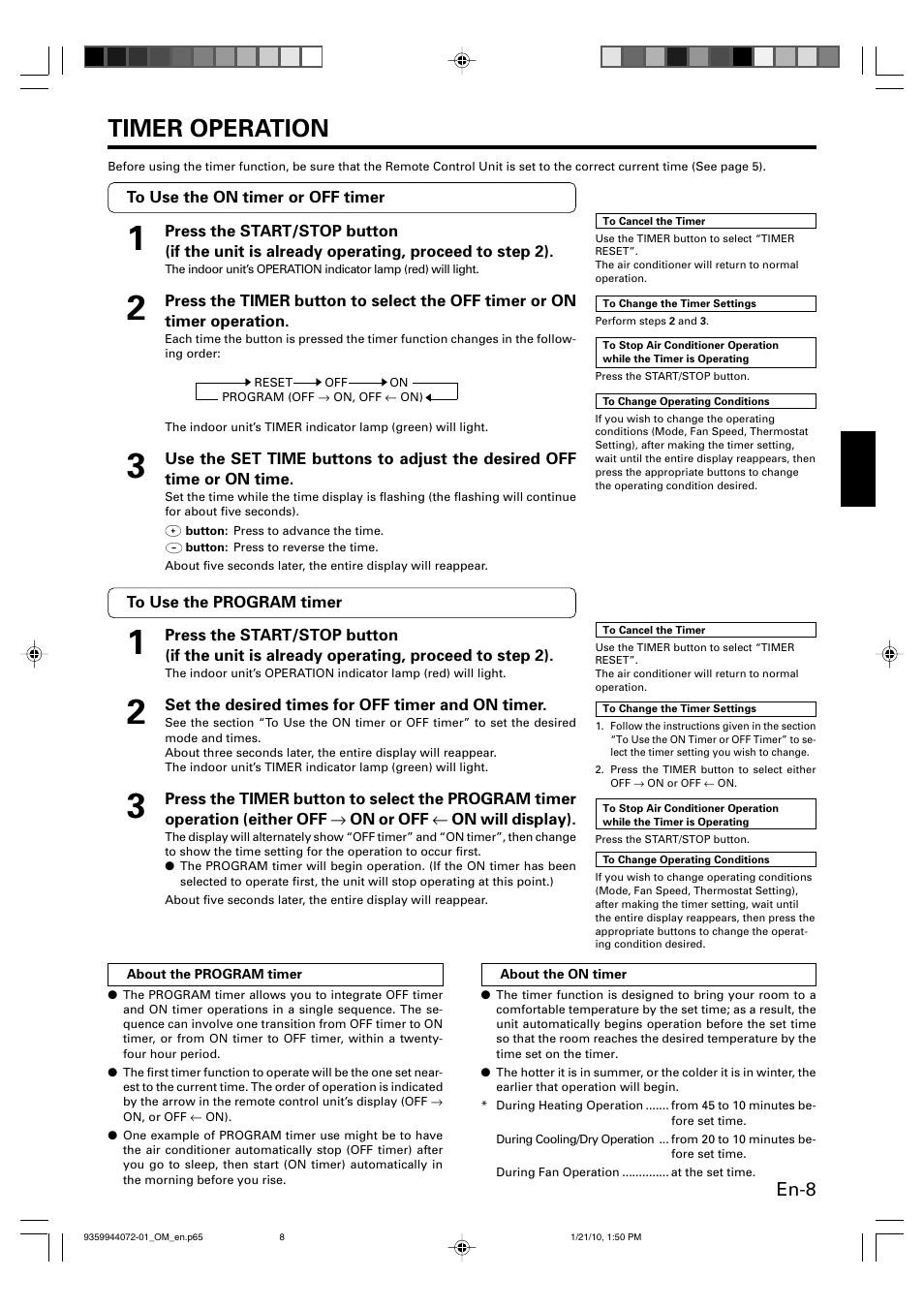 Timer operation, En-8 | Friedrich P/N9359944072-01 User Manual | Page 9 / 20