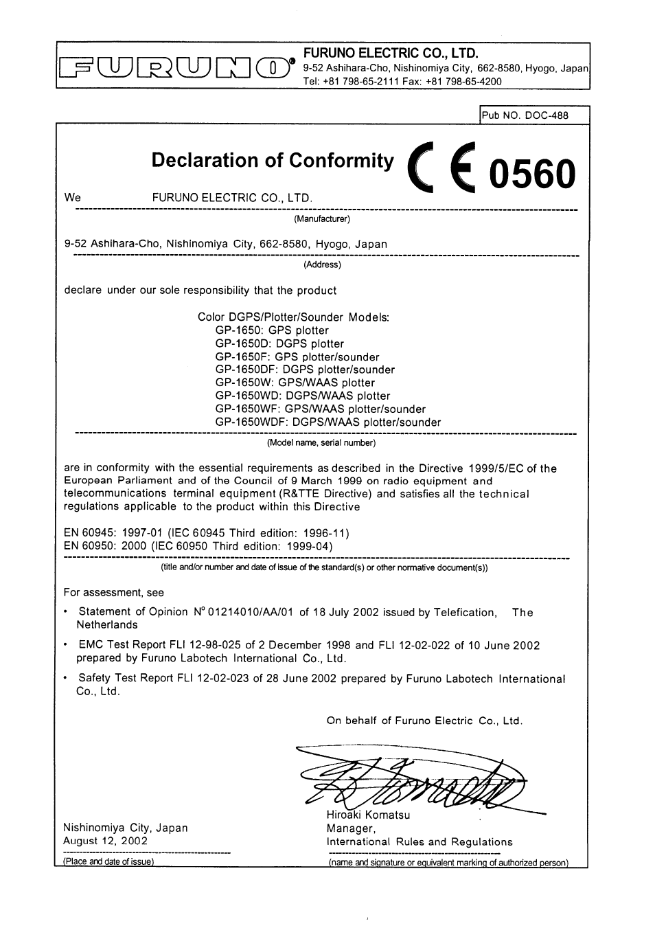 Declaration of conformity | Furuno GP-1650WD User Manual | Page 96 / 96