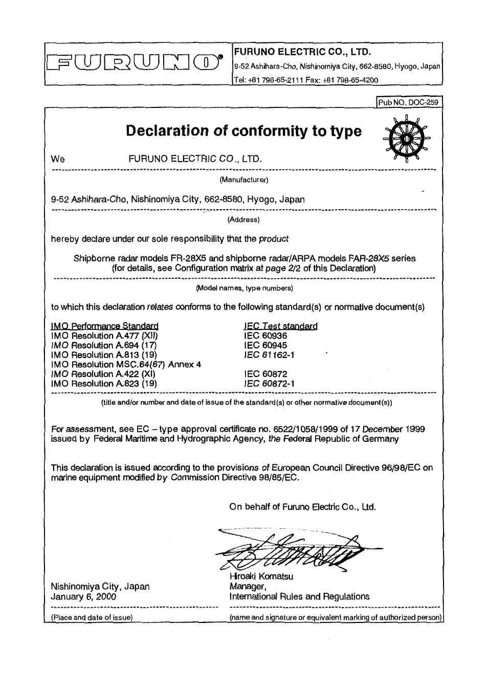 Declaration of conformity to type | Furuno FR-2805 Series User Manual | Page 163 / 169