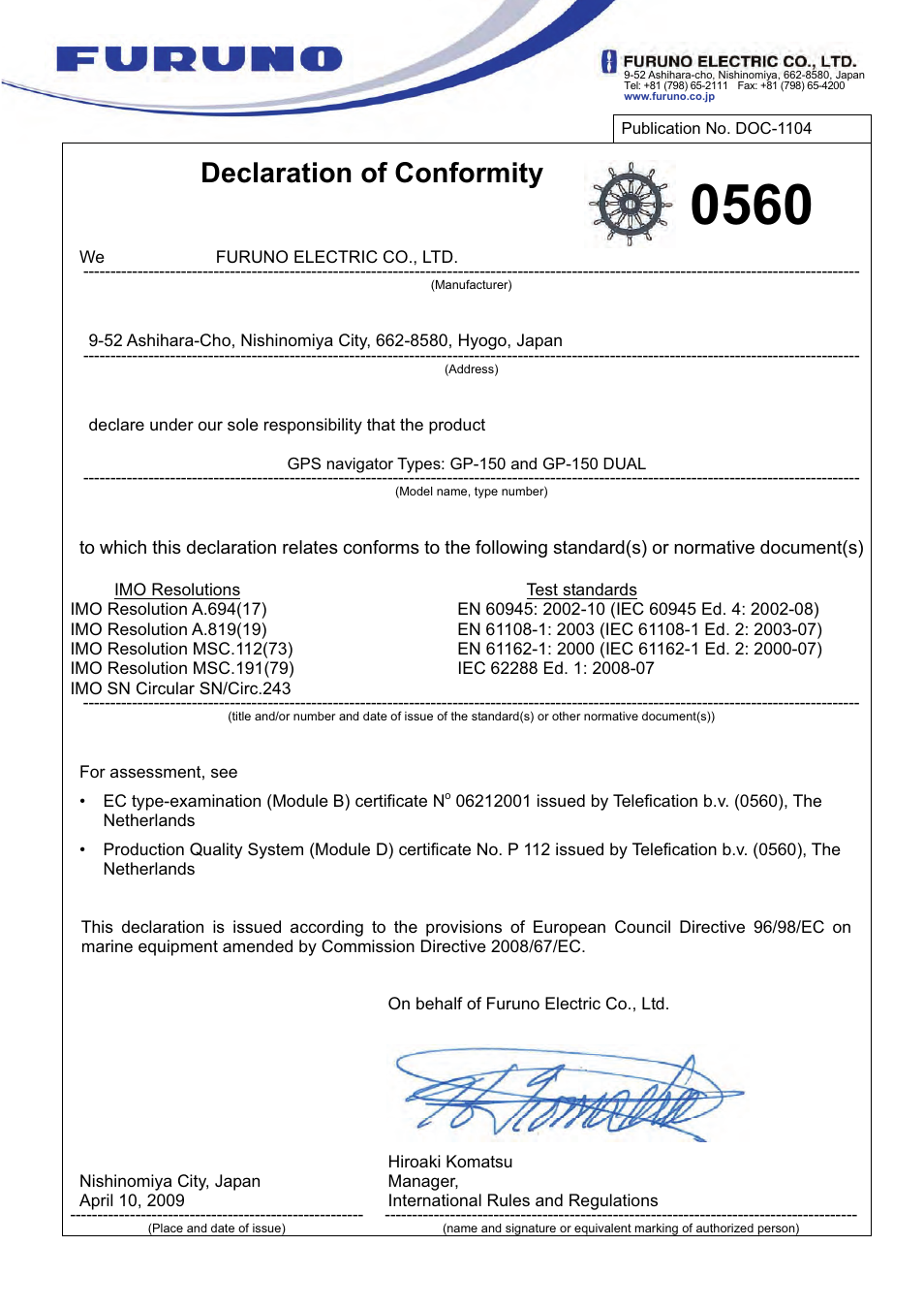 Declaration of conformity | Furuno DUAL GPS GP-150-DUAL User Manual | Page 130 / 130