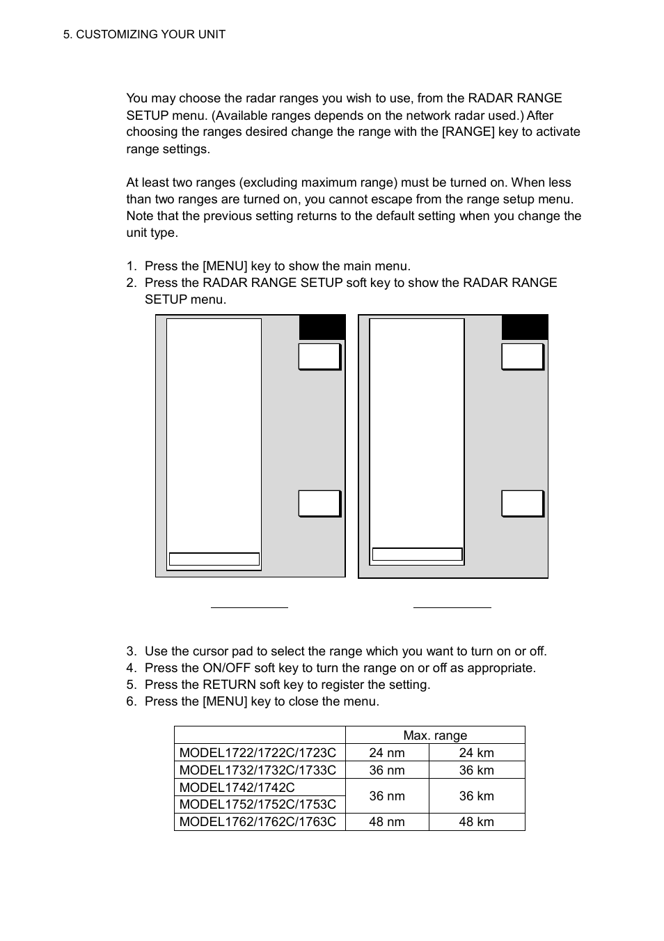 6 5.2.2 radar range setup | Furuno 1763C User Manual | Page 178 / 260