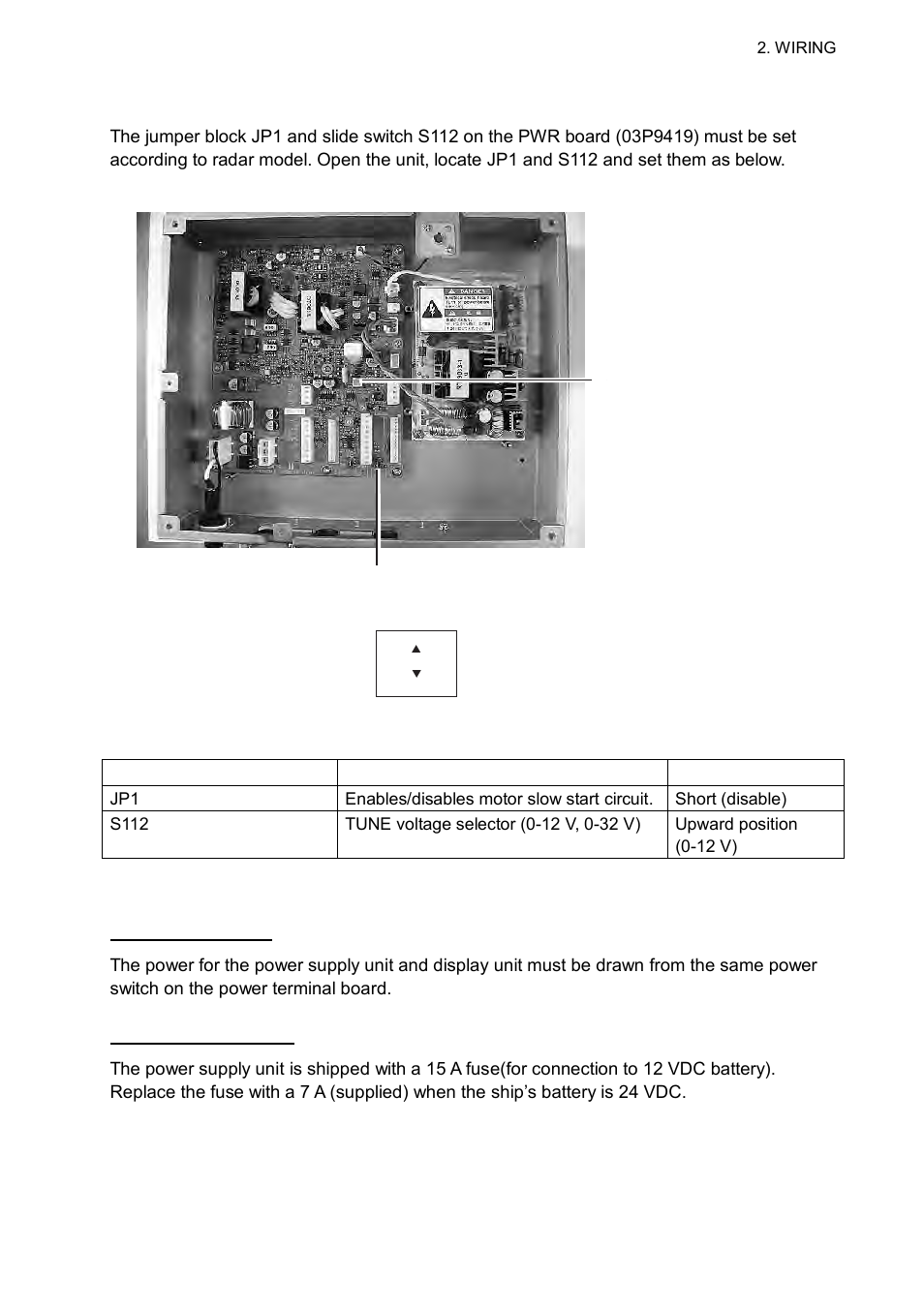 3 jumper block, slide switch setting, Power requirement, replacement of fuses | Furuno MARINERADAR FR-8122 User Manual | Page 27 / 56