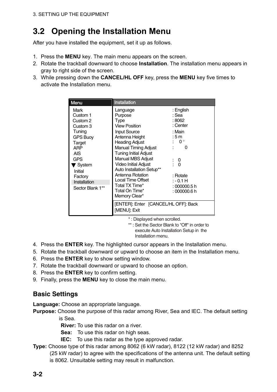 2 opening the installation menu, Basic settings | Furuno MARINERADAR FR-8122 User Manual | Page 30 / 56