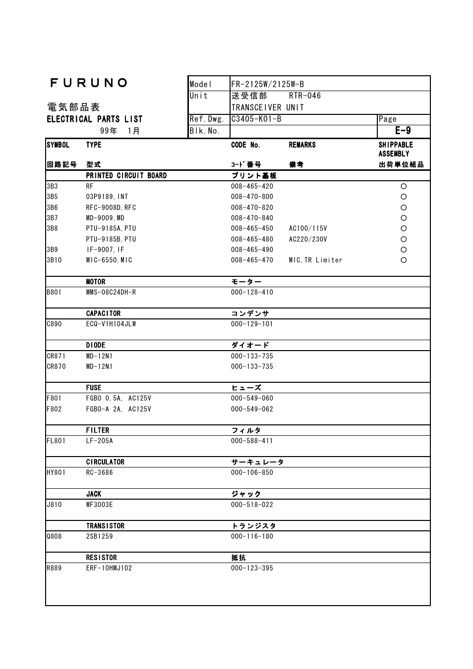 電 気部 品表 | Furuno FR-2105-B User Manual | Page 169 / 197