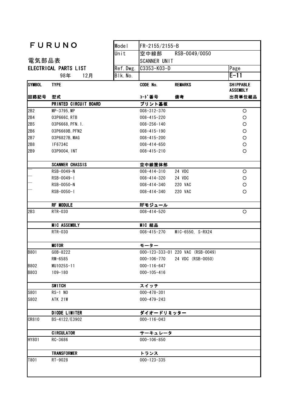 Ｆｕｒｕｎｏ, 電気部品表, E-11 | Furuno FR-2105-B User Manual | Page 171 / 197