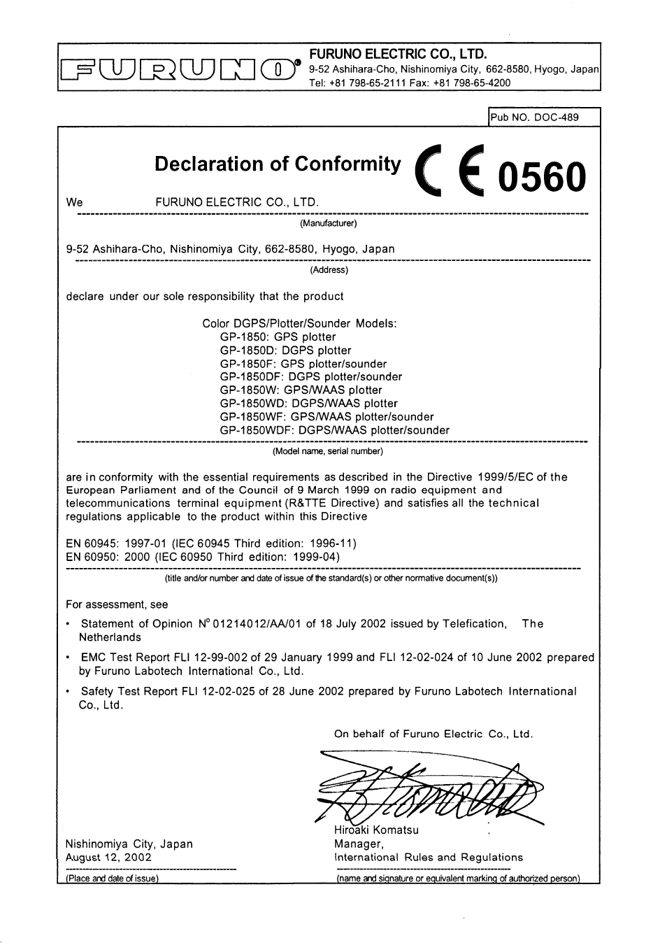 Declaration of conformity | Furuno GP-1850WD User Manual | Page 98 / 98