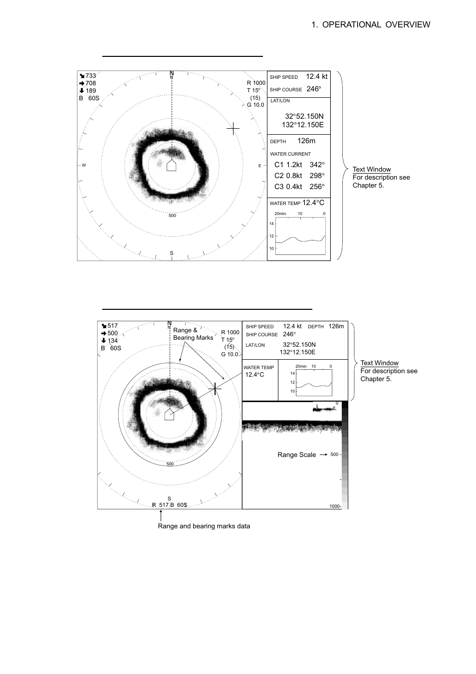 Normal mode display (sonar display), Combi-1 display (sonar display + audio display), Operational overview | Furuno CSH-5L/CSH-8L User Manual | Page 17 / 89