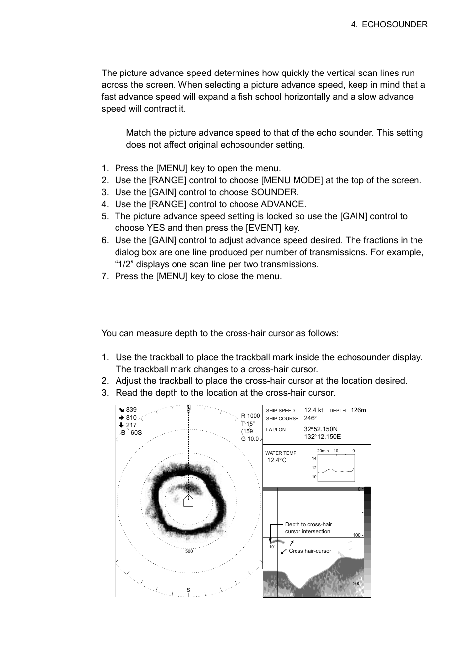 3 picture advance speed, 4 measuring depth, Measuring depth | Furuno CSH-5L/CSH-8L User Manual | Page 53 / 89