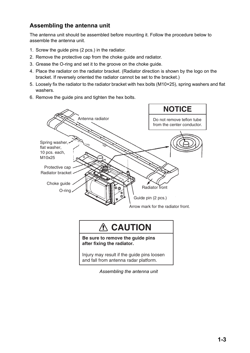 Caution, Notice, 3 assembling the antenna unit | Furuno 2167DS-BB User Manual | Page 11 / 111