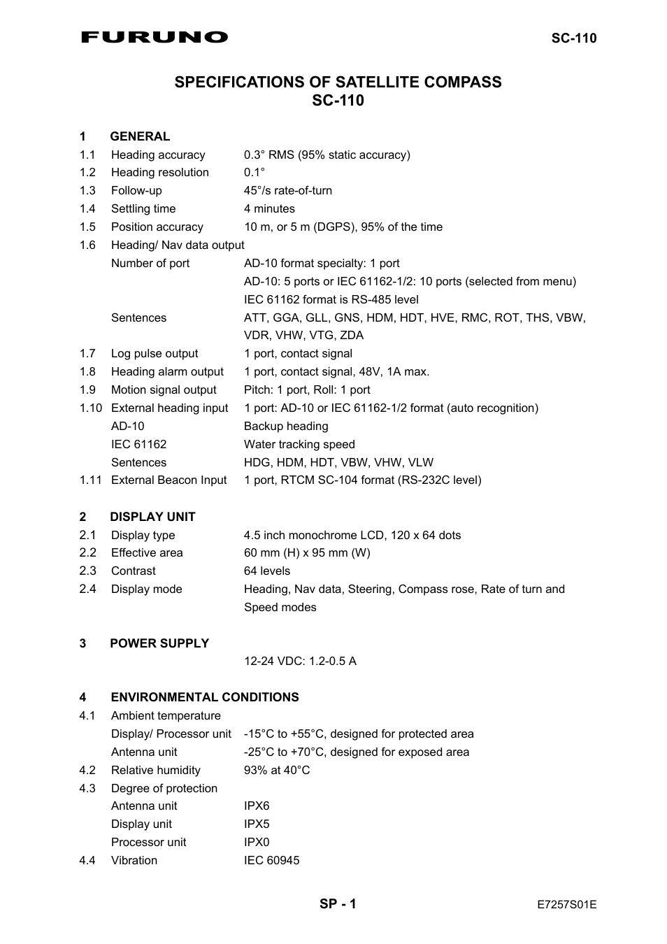 Specifications, Furuno, Specifications of satellite compass sc-110 | Furuno SC-110 User Manual | Page 11 / 89