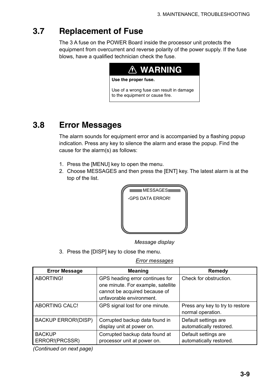 7 replacement of fuse, 8 error messages, Warning | Furuno SC-110 User Manual | Page 61 / 89