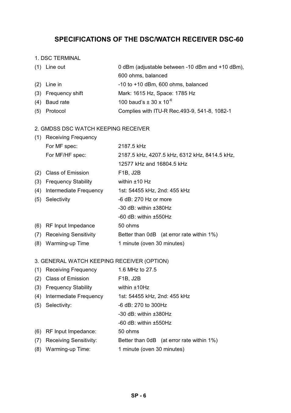 Specifications of the dsc/watch receiver dsc-60 | Furuno RC-1500-1T User Manual | Page 412 / 418