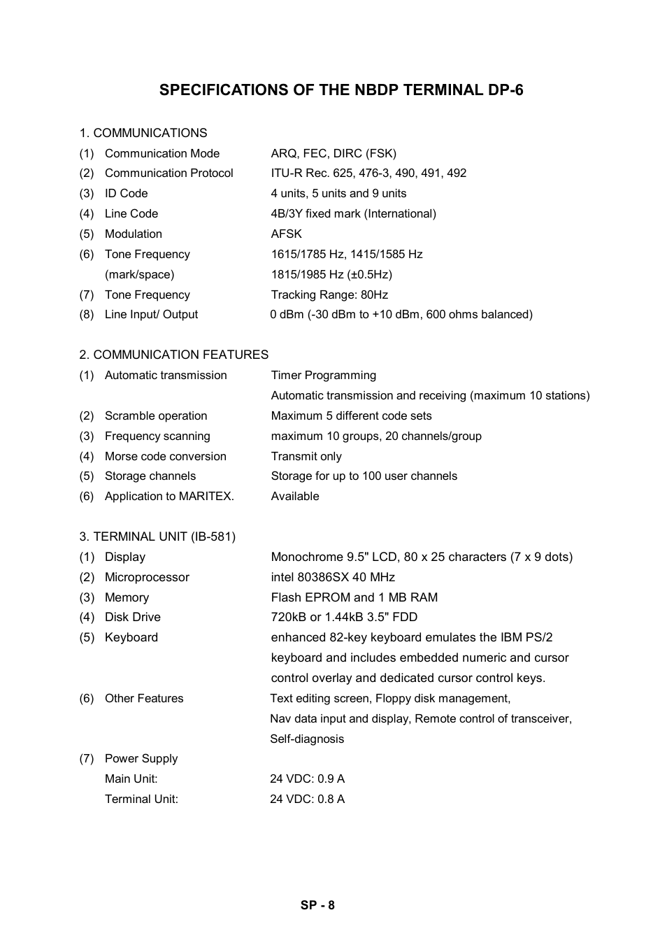 Specifications of the nbdp terminal dp-6 | Furuno RC-1500-1T User Manual | Page 414 / 418