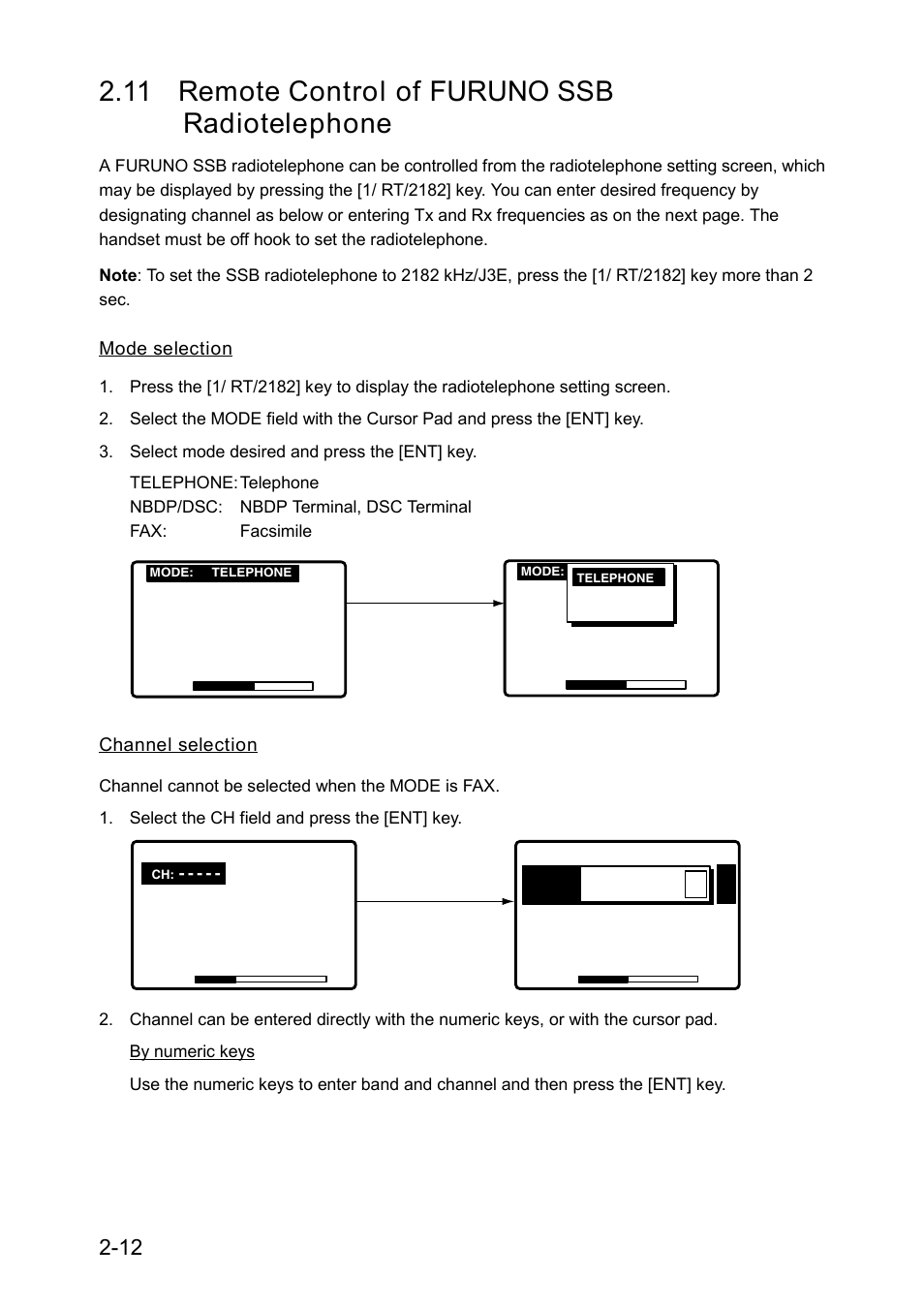 11 remote control of furuno ssb radiotelephone, Ch:12o34, Mode selection | Channel selection | Furuno RC-1500-1T User Manual | Page 52 / 418