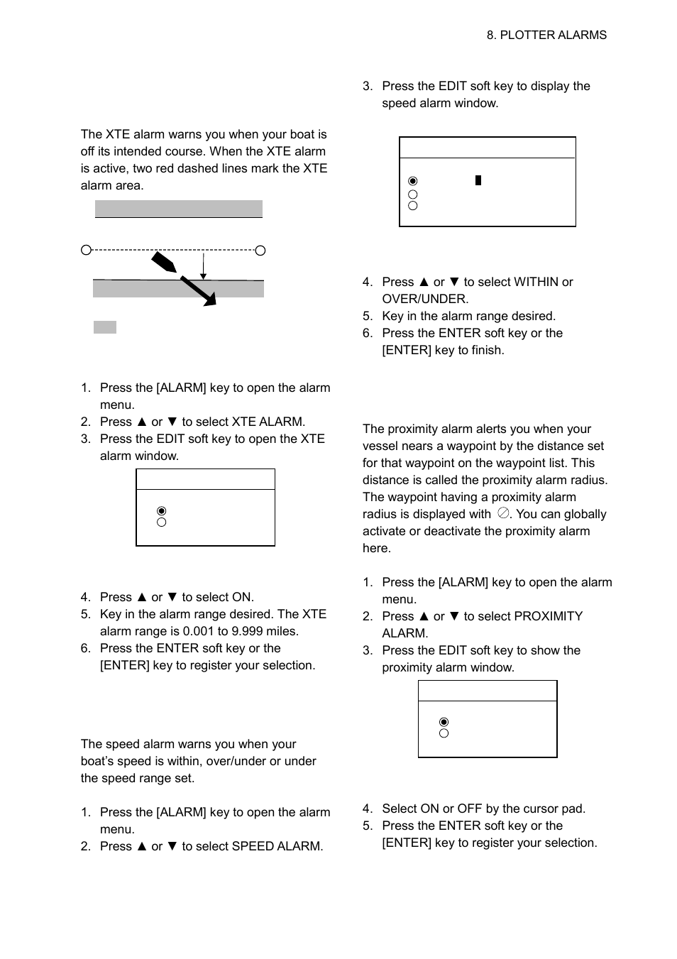 5 xte (cross track error) alarm, 6 speed alarm, 7 proximity alarm | Furuno GP-1850WD User Manual | Page 55 / 98