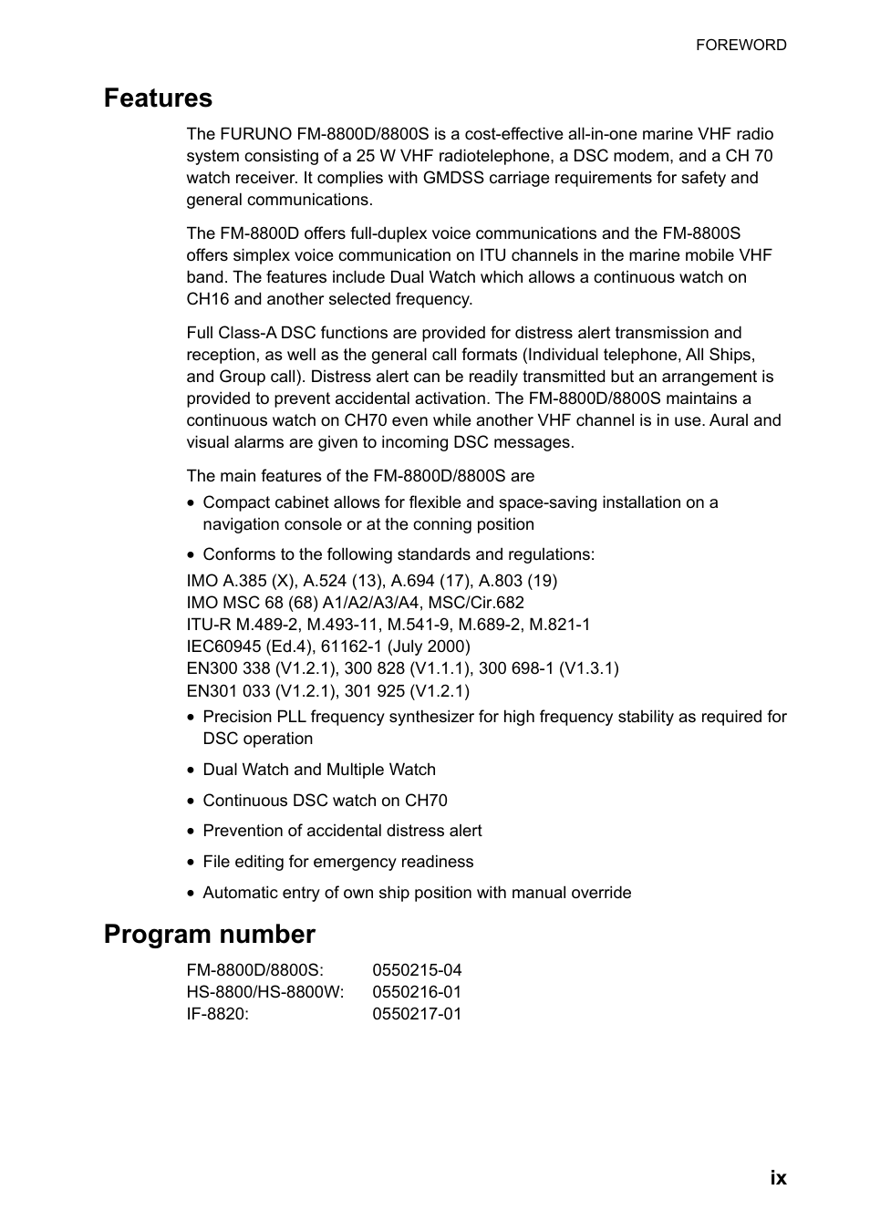 Features, Program number | Furuno FM-8800D User Manual | Page 11 / 137